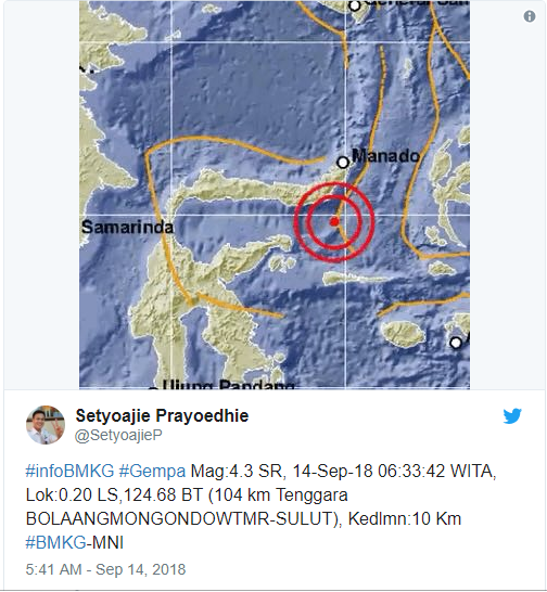 Terjadi Gempa Berkekuatan 4,3 Skala Richter di Bolaang Mongondow Sulawesi Utara