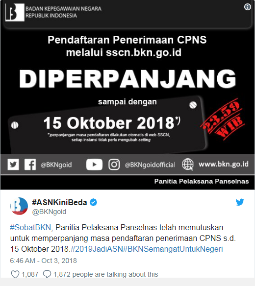 Pendaftaran Calon Pegawai Negeri Sipil (CPNS) Masih Dibuka Sampai 15 Oktober 2018